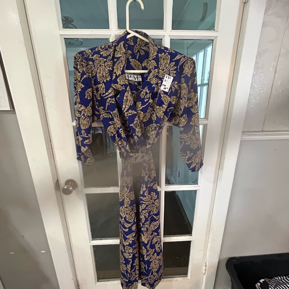 Blue and Gold Floral Wrap Dress
